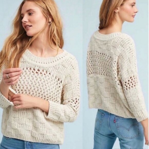 Anthropologie Moth Chenille Wool Pullover Sweater Size Medium Beige Chunky Knit‎ - Picture 1 of 8